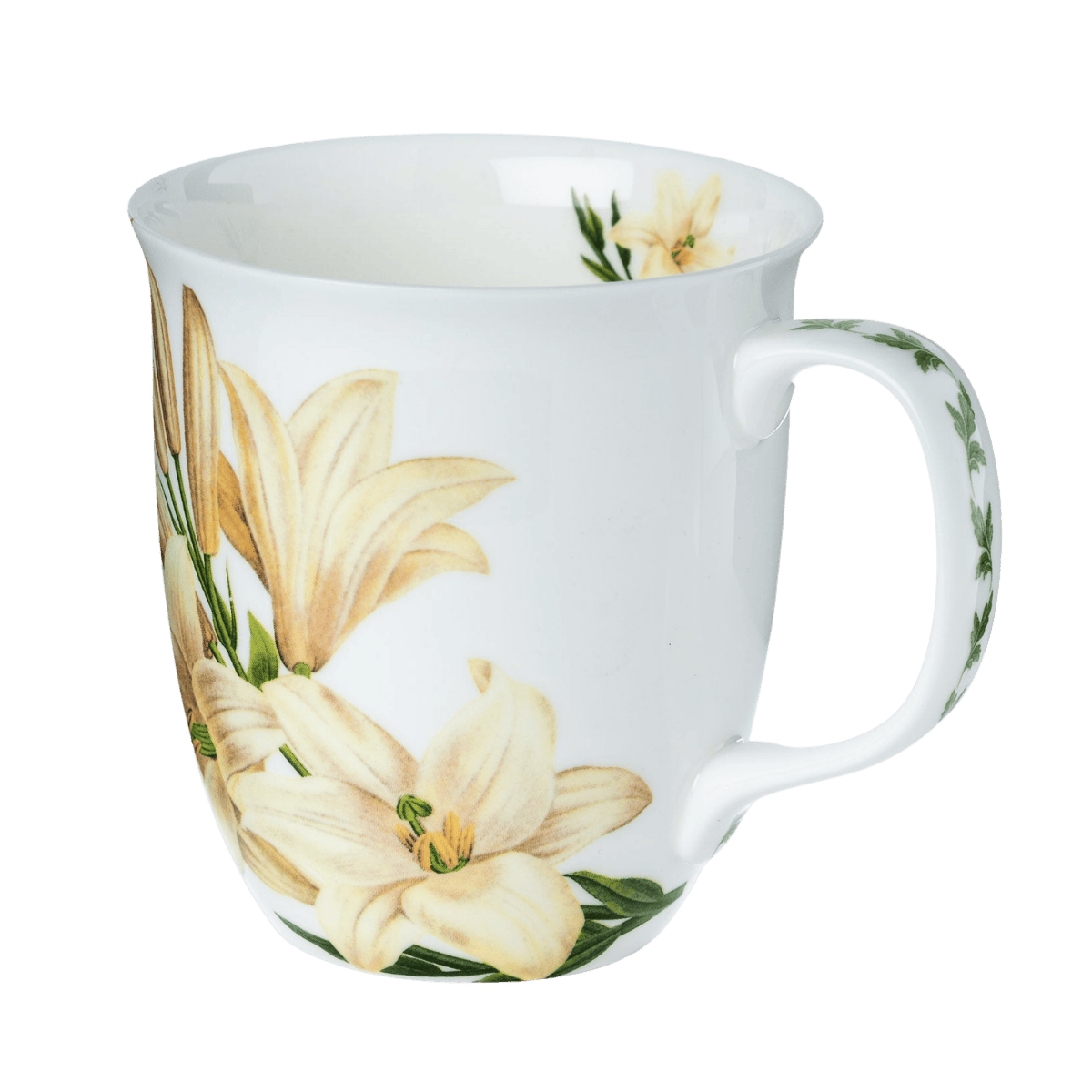 Lily Java mug with lily floral pattern, fine bone china coffee mug 12.5 oz, front view handle right