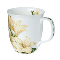 Lily Java mug with lily floral pattern, fine bone china coffee mug 12.5 oz, front view handle right
