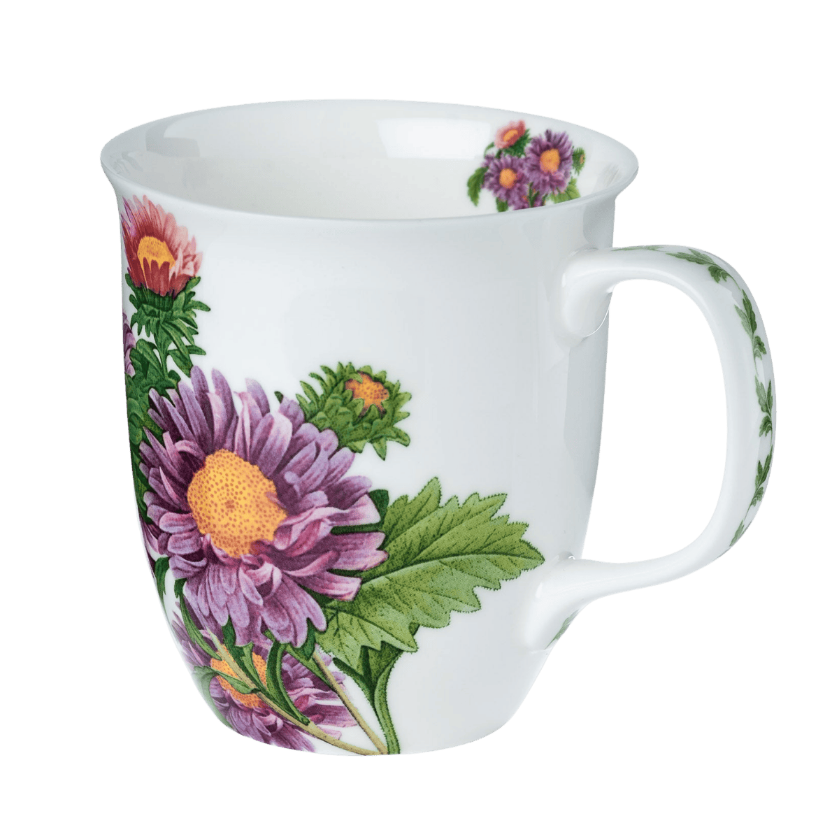 Michaelmas Daisy Java mug with daisy floral pattern, fine bone china coffee mug 12.5 oz, front view handle right