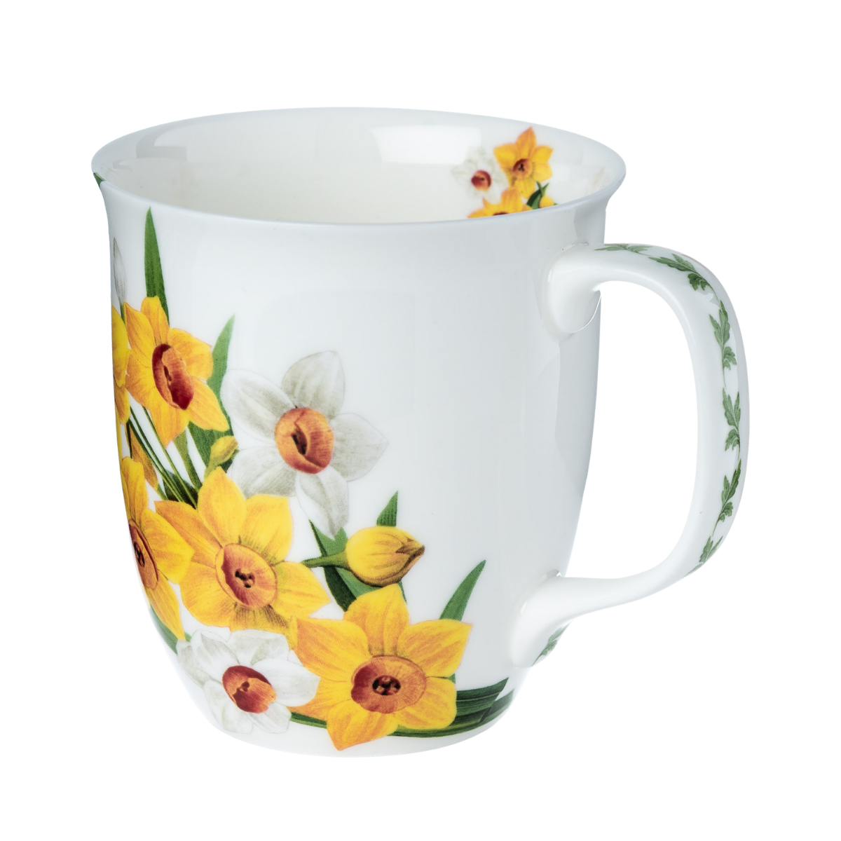 Narcissus floral Java mug, 12.5 oz (375 ml) fine bone china mug with yellow narcissus flower design, front view, handle right