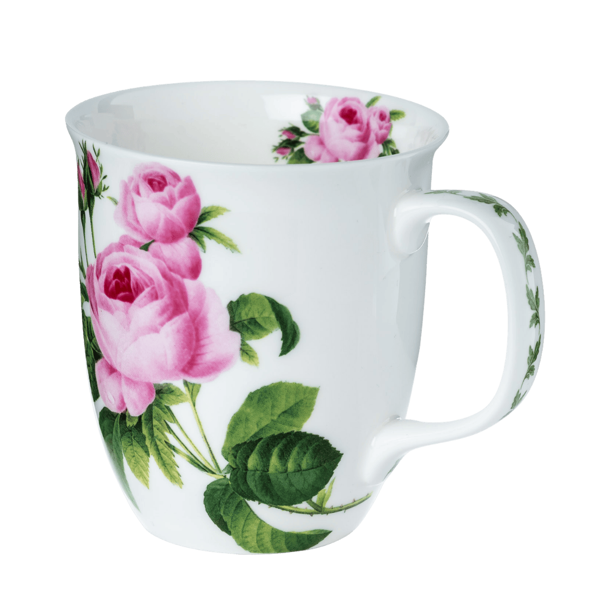 Pink Rose Java mug with floral rose pattern, fine bone china coffee mug 12.5 oz, front view handle right