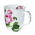 Pink Rose Java mug with floral rose pattern, fine bone china coffee mug 12.5 oz, front view handle right