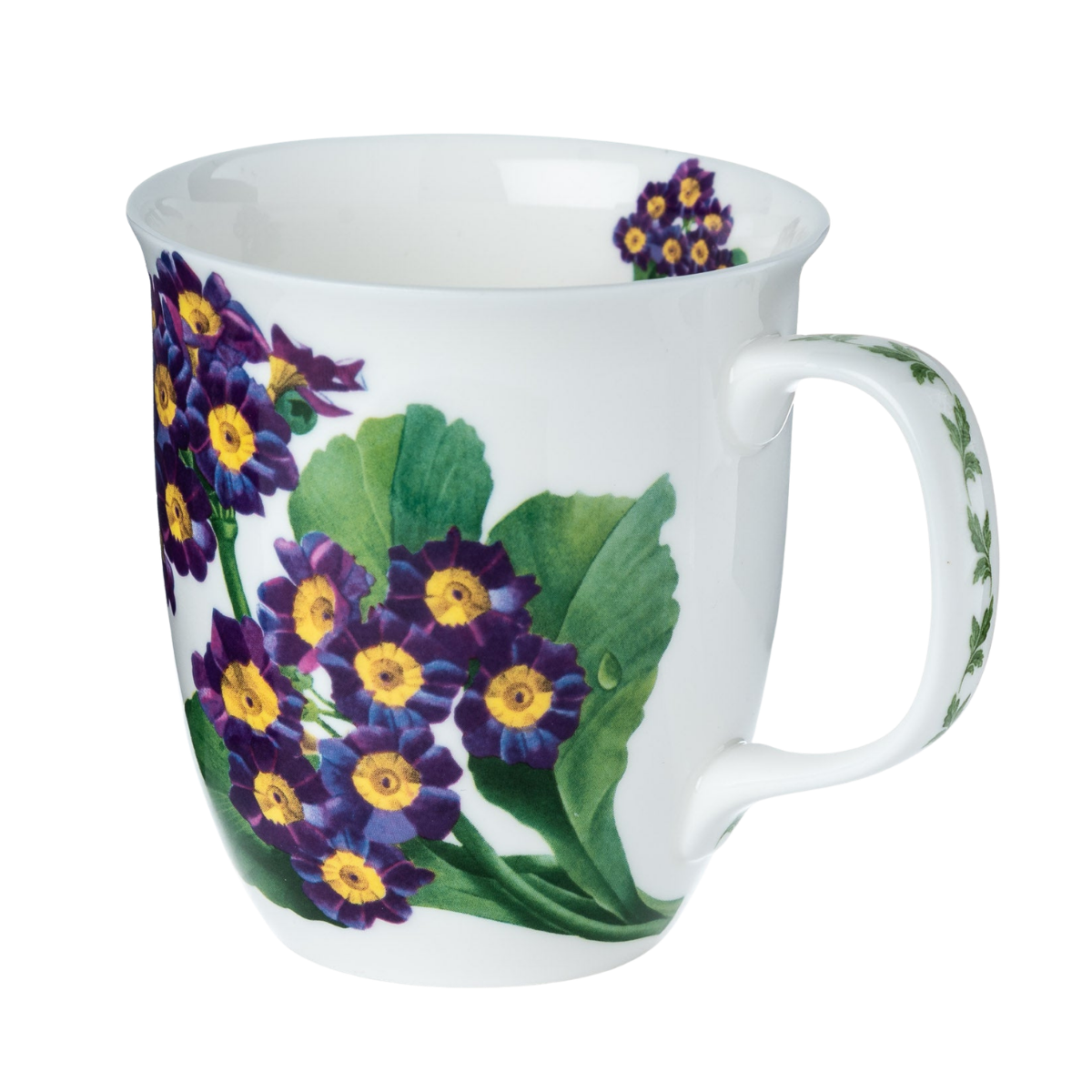 Purple Primrose Java mug with primrose floral pattern, fine bone china coffee mug 12.5 oz, front view handle right