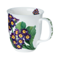 Purple Primrose Java mug with primrose floral pattern, fine bone china coffee mug 12.5 oz, front view handle right