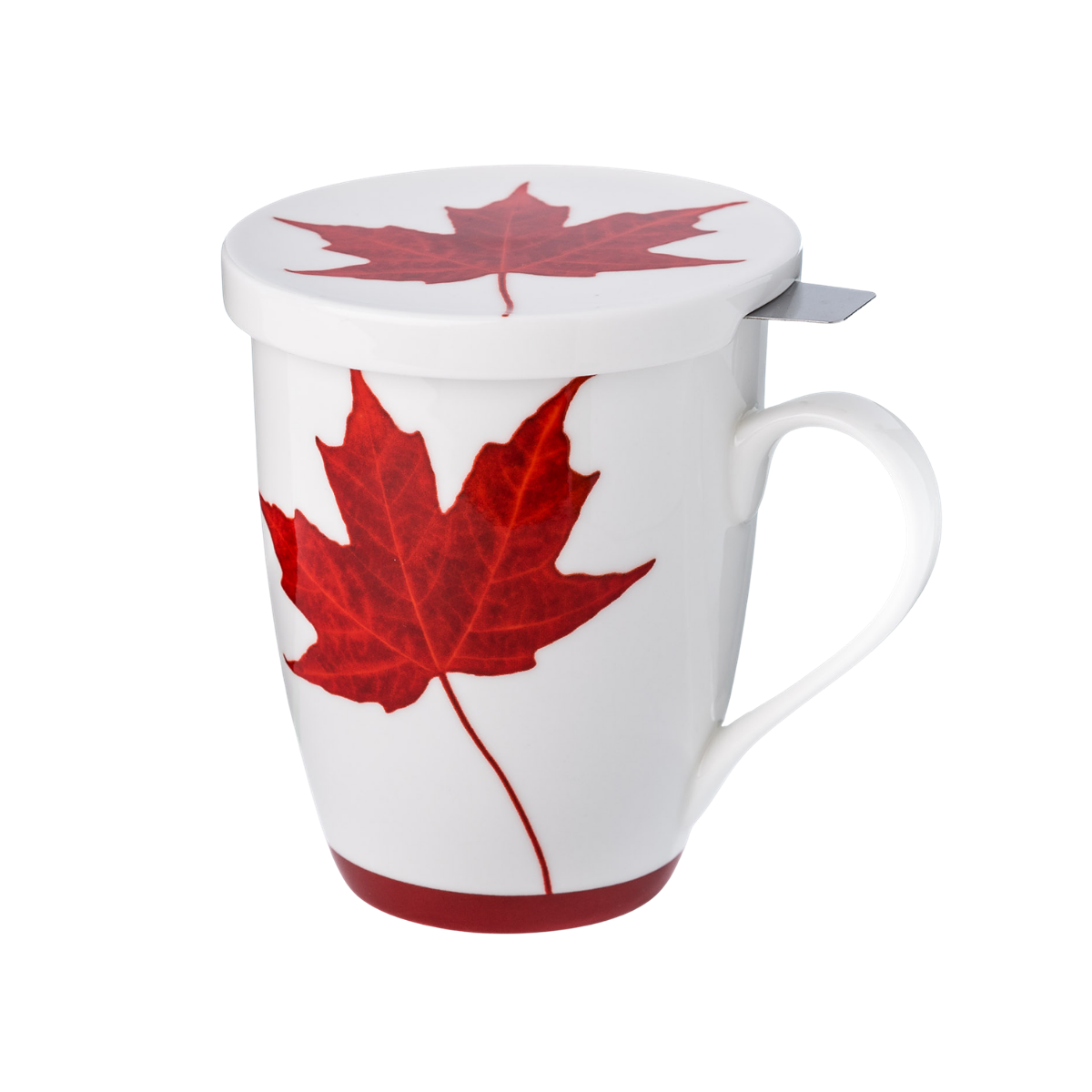 Canada maple leaf tea mug with red maple leaf border, 15.2 oz (450 ml) fine bone china mug with lid and stainless steel infuser, front view, handle right