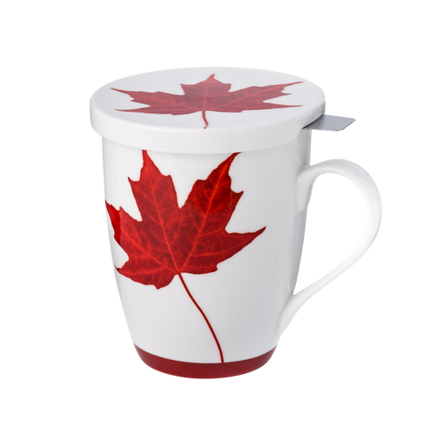 Canada maple leaf tea mug with red maple leaf border, 15.2 oz (450 ml) fine bone china mug with lid and stainless steel infuser, front view, handle right