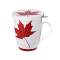 Canada maple leaf tea mug with red maple leaf border, 15.2 oz (450 ml) fine bone china mug with lid and stainless steel infuser, front view, handle right