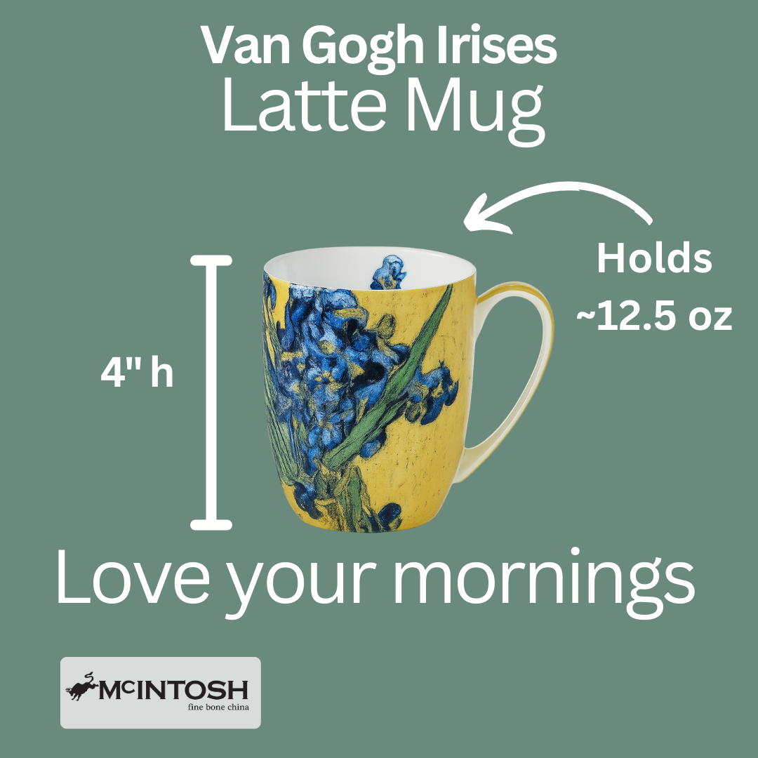 Irises Latte mug size guide showing 12.5 oz (375 ml), 4 in high