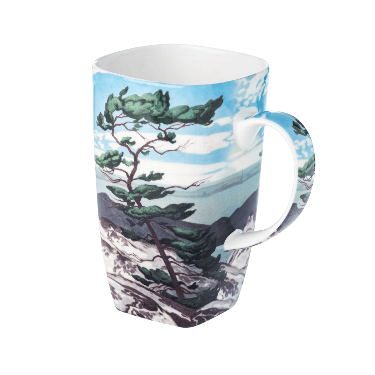 White Pine A.J. Casson Grande mug fine bone china 19.6 oz featuring Group of Seven Canadian landscape painting, front view handle right