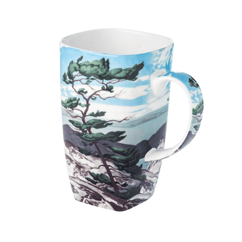 White Pine A.J. Casson Grande mug fine bone china 19.6 oz featuring Group of Seven Canadian landscape painting, front view handle right