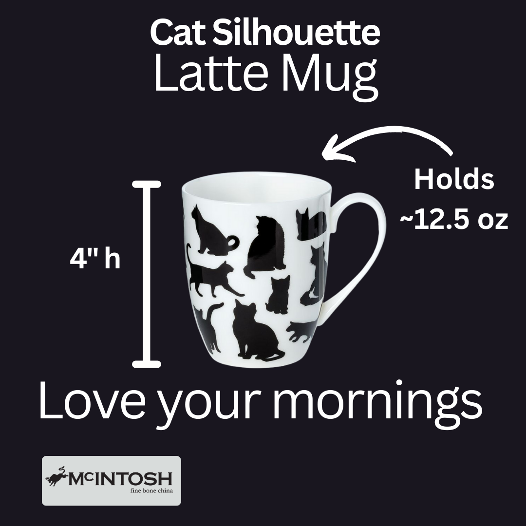 Cat Silhouette Latte mug size guide showing 12.5 oz (375 ml), 4 in high