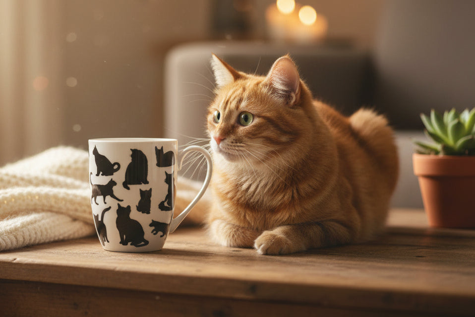Cat Silhouette Latte mug with cat on a coffee table