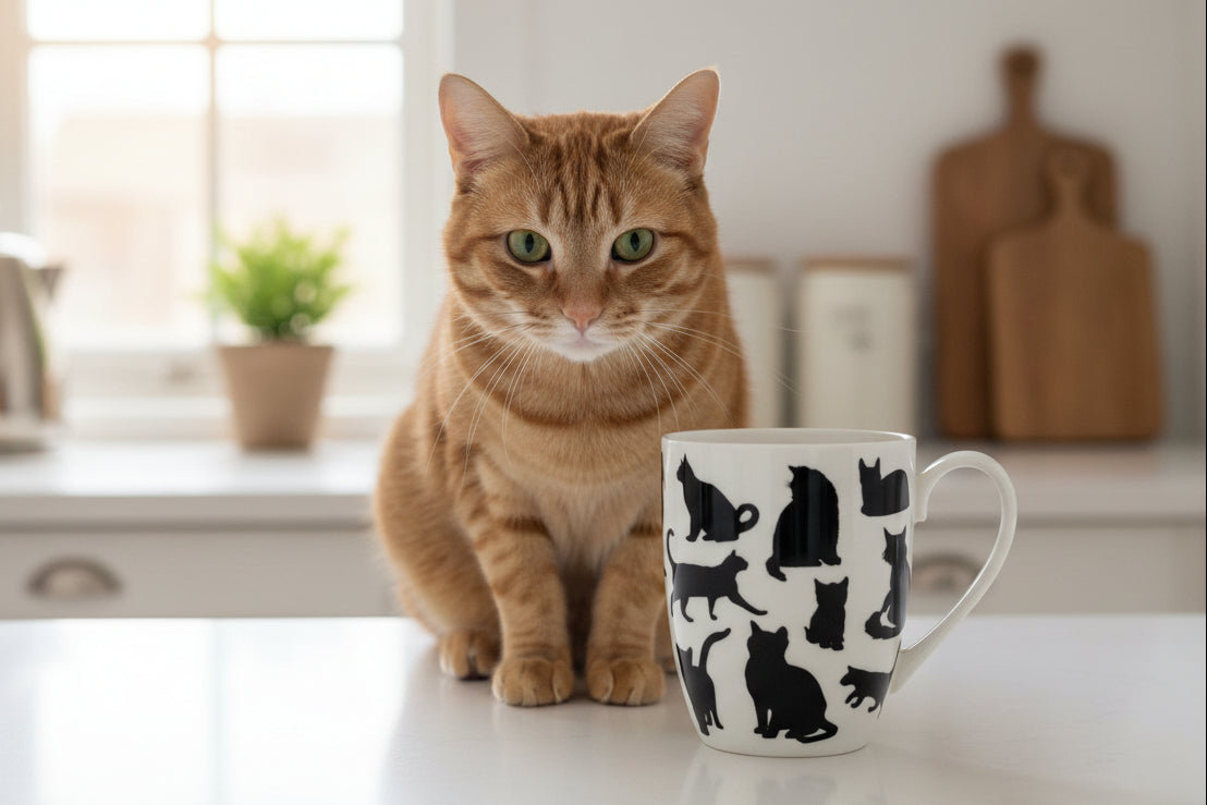 Cat Silhouette Latte mug with cat in a kitchen setting