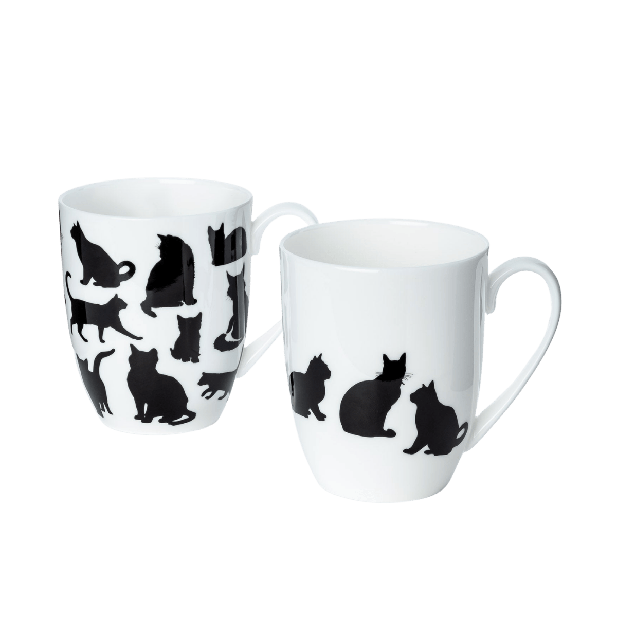 Cat Silhouette mug set of two with black and white feline silhouette designs, 12.5 oz (375 ml) fine bone china mugs, front view handle right