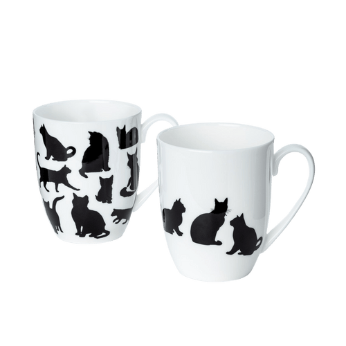 Cat Silhouette mug set of two with black and white feline silhouette designs, 12.5 oz (375 ml) fine bone china mugs, front view handle right