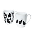 Cat Silhouette mug set of two with black and white feline silhouette designs, 12.5 oz (375 ml) fine bone china mugs, front view handle right