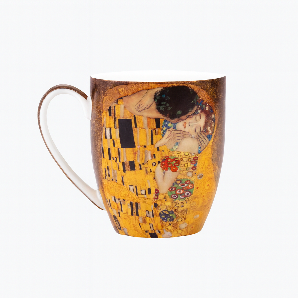 The Kiss by Gustav Klimt Latte mug in fine bone china, 12.5 oz (375 ml), front view, handle left