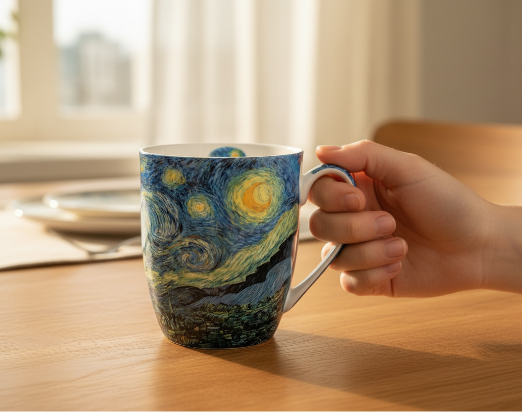 Starry Night by Vincent Van Gogh Latte mug with coffee in hand in a home setting