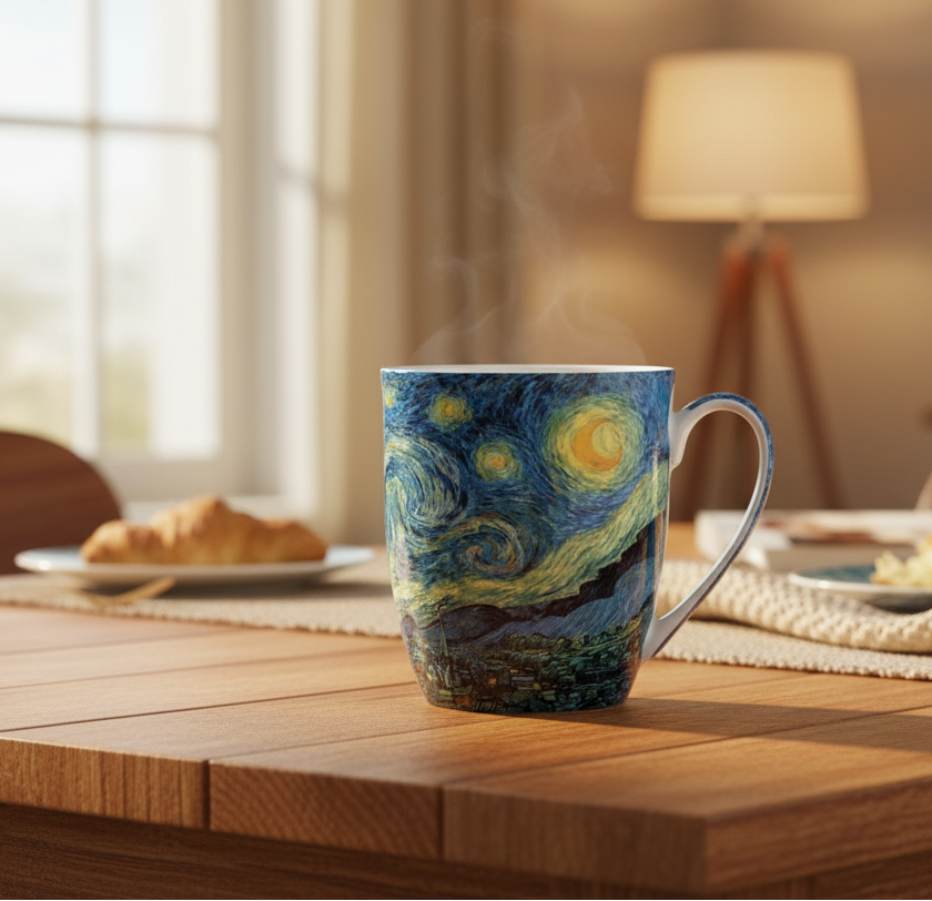 Starry Night by Vincent Van Gogh Latte mug with coffee in a kitchen setting