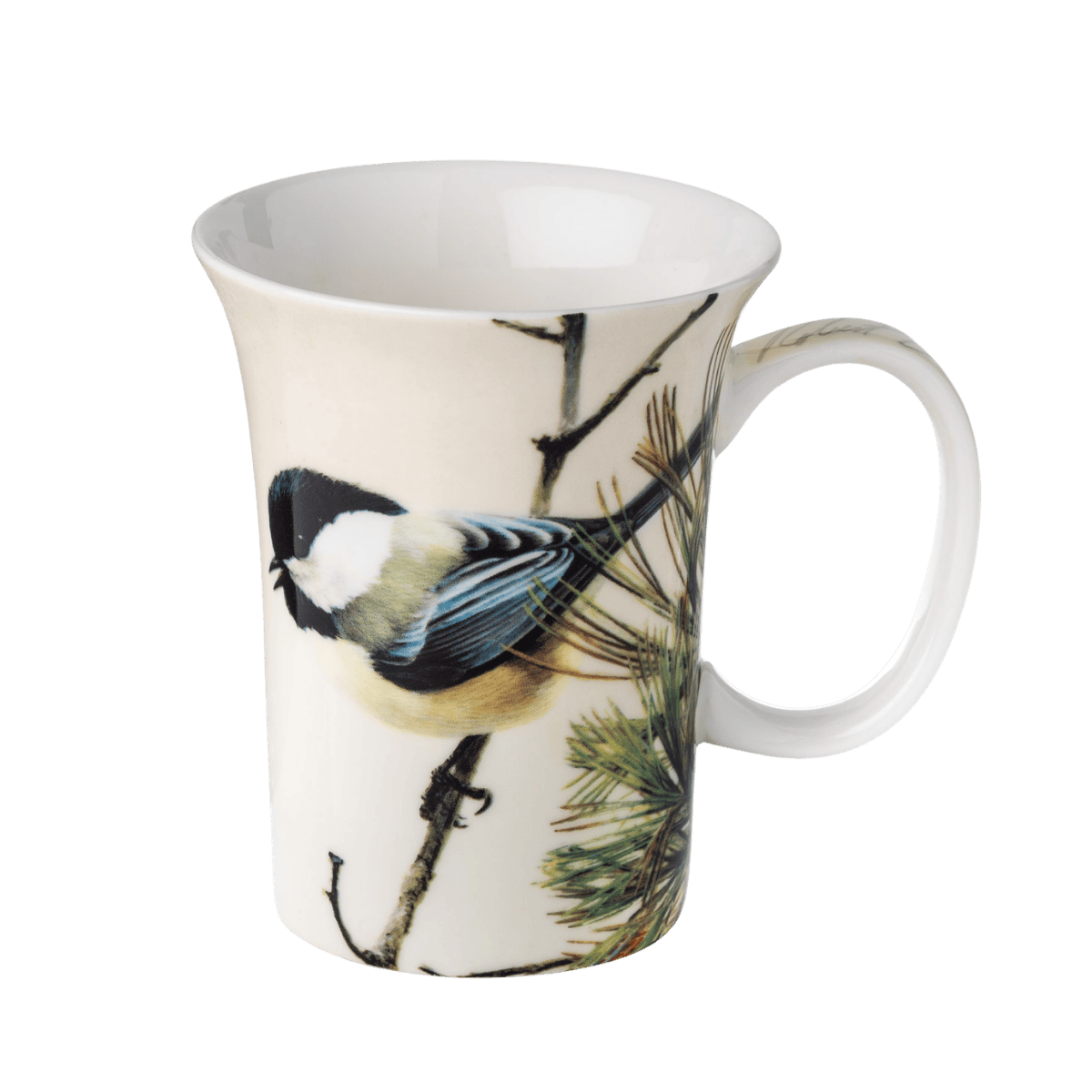 Robert Bateman Lively Pair - Chickadees mug fine bone china 11 oz (325 ml) McIntosh Mugs front view, handle right