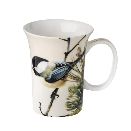 Robert Bateman Lively Pair - Chickadees mug fine bone china 11 oz (325 ml) McIntosh Mugs front view, handle right