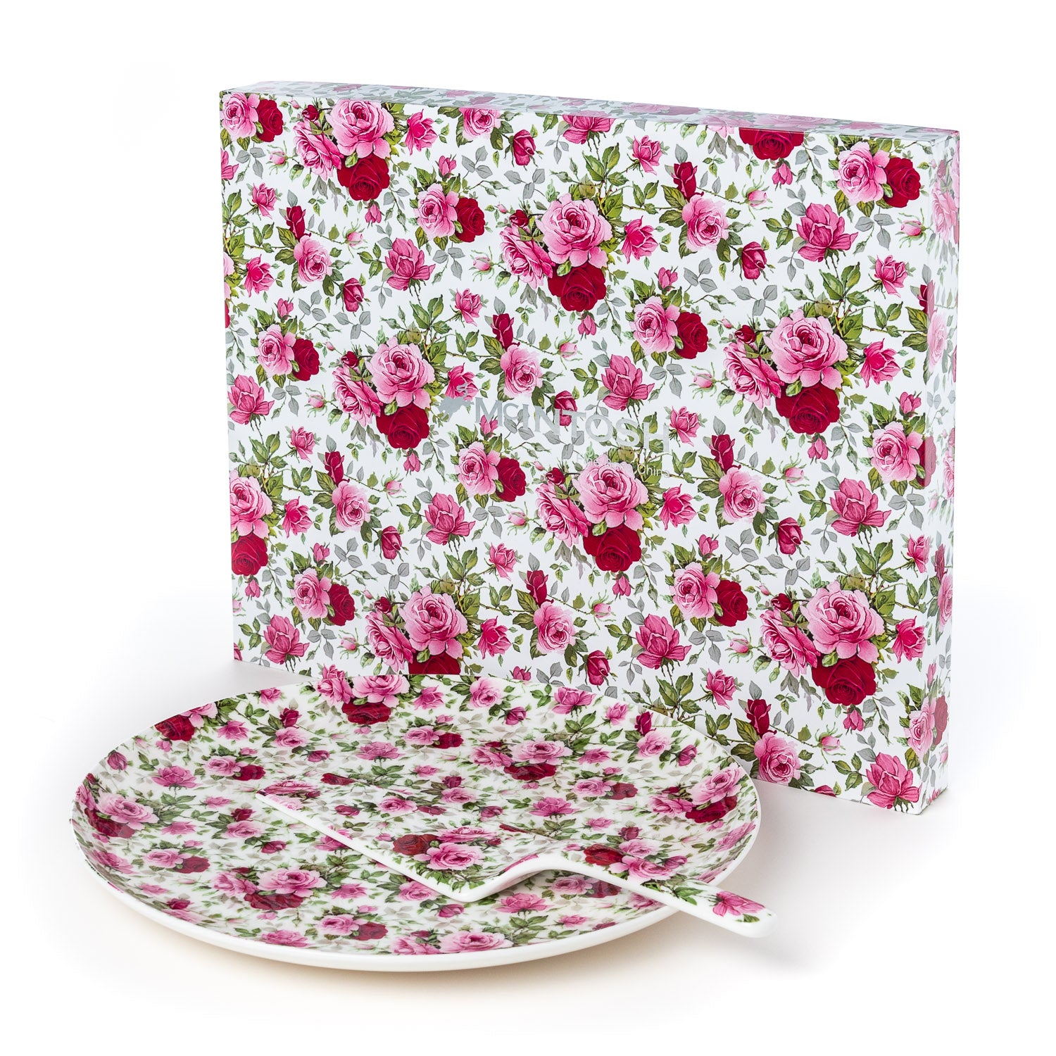 Chintz Red & Pink Roses Cake Plate w/ Server