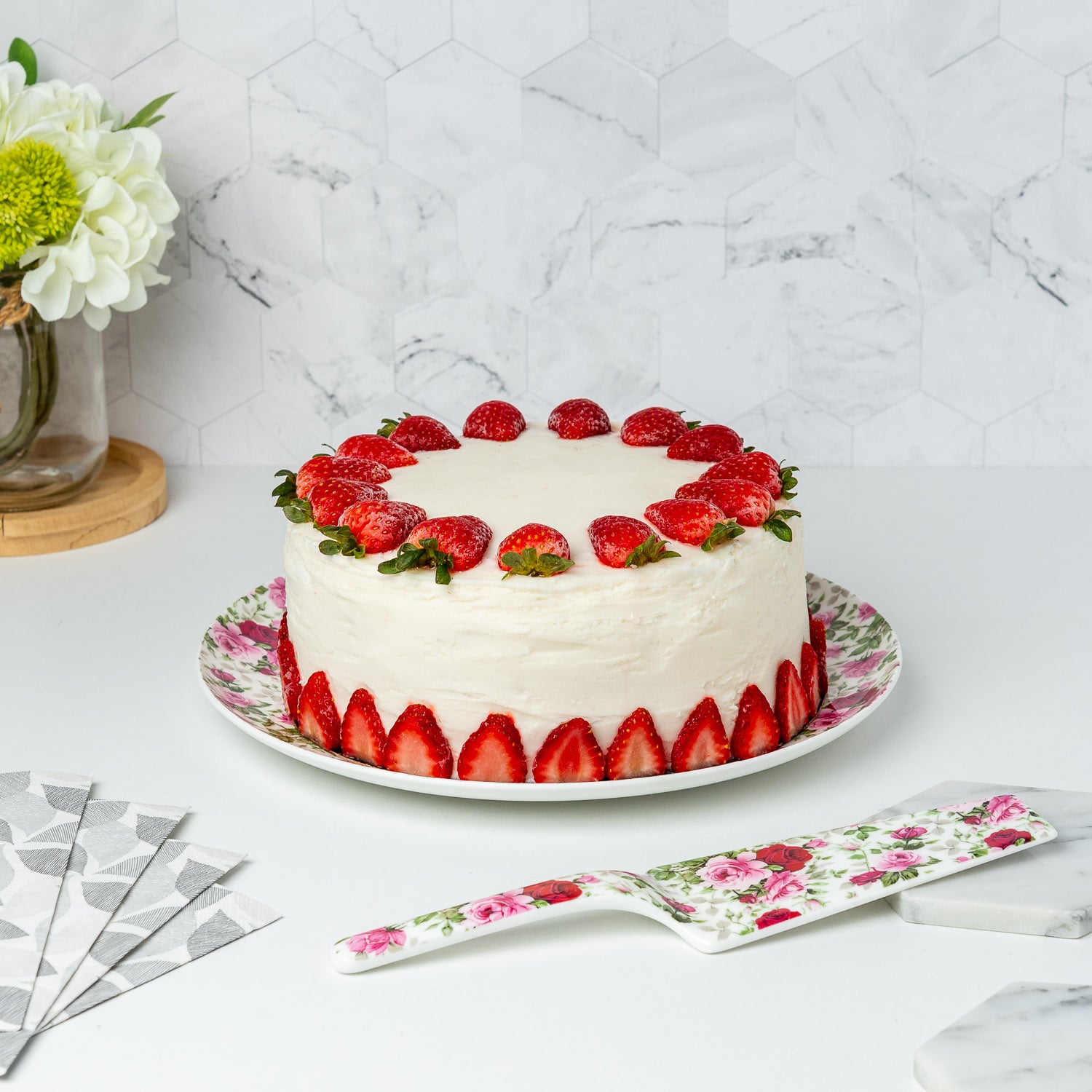 Chintz Red & Pink Roses Cake Plate w/ Server