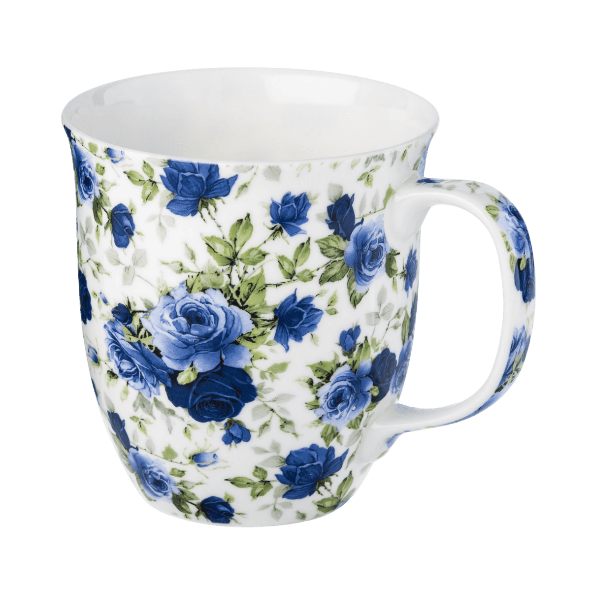 Dark Blue Roses Chintz Java mug with blue rose floral pattern, fine bone china coffee mug 12.5 oz, front view handle right