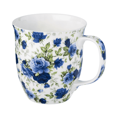 Dark Blue Roses Chintz Java mug with blue rose floral pattern, fine bone china coffee mug 12.5 oz, front view handle right