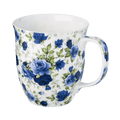 Dark Blue Roses Chintz Java mug with blue rose floral pattern, fine bone china coffee mug 12.5 oz, front view handle right
