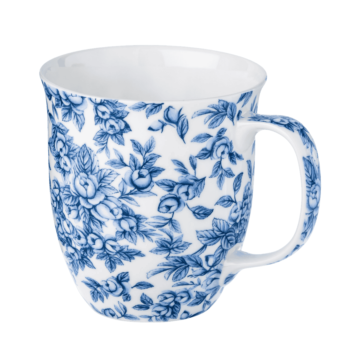 Light Blue Roses Chintz Java mug with blue rose floral pattern, fine bone china coffee mug 12.5 oz, front view handle right