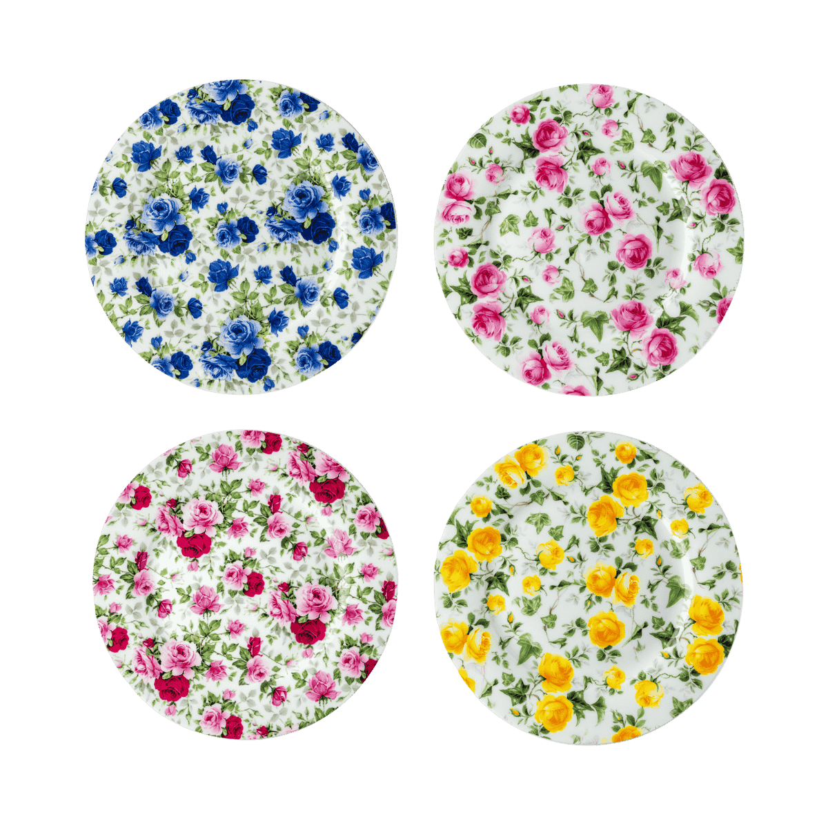 Chintz dessert plate set of four with floral rose designs, fine bone china 7.5 inch plates, set on white background