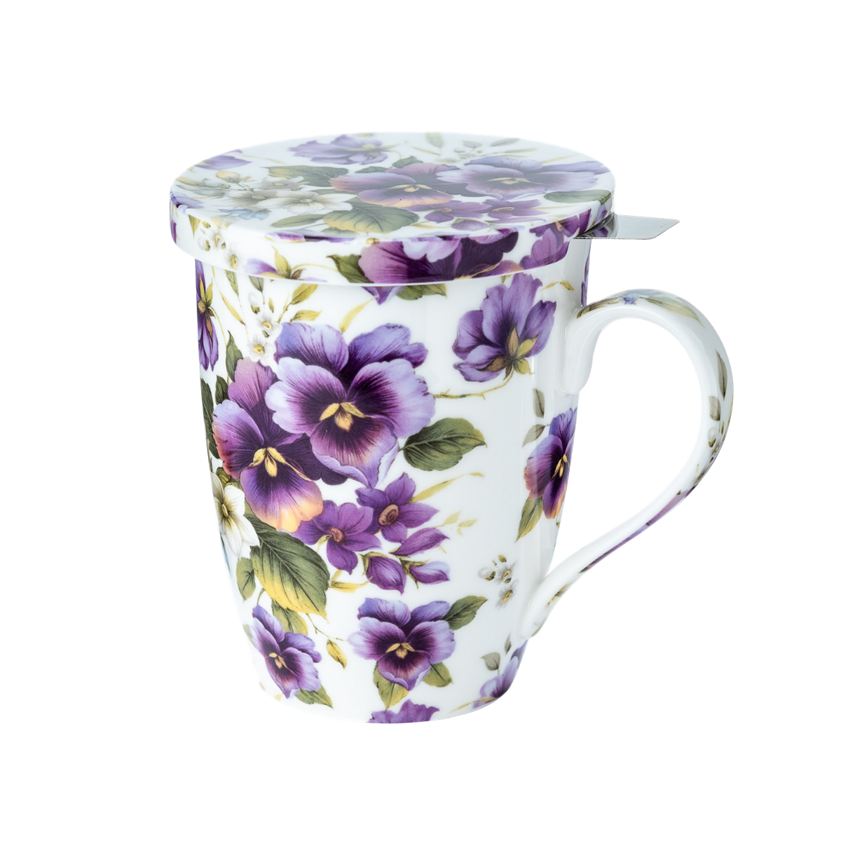 Purple Pansies tea mug with infuser and lid, 15.2 oz (450 ml) fine bone china tea mug, floral chintz design, front view, handle right