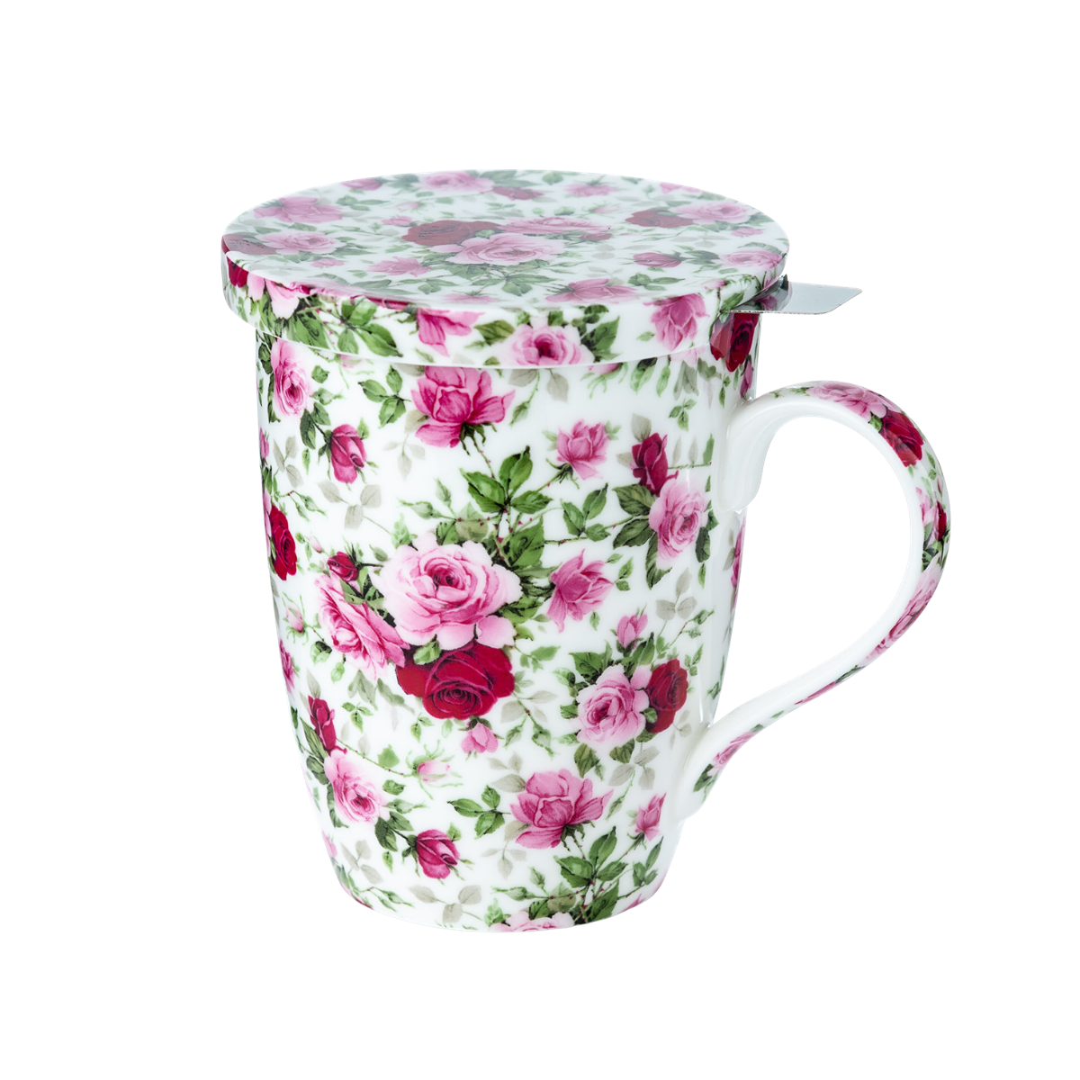 Red & Pink Roses Chintz tea mug with stainless steel infuser and lid, 15.2 oz (450 ml) fine bone china mug, front view, handle right