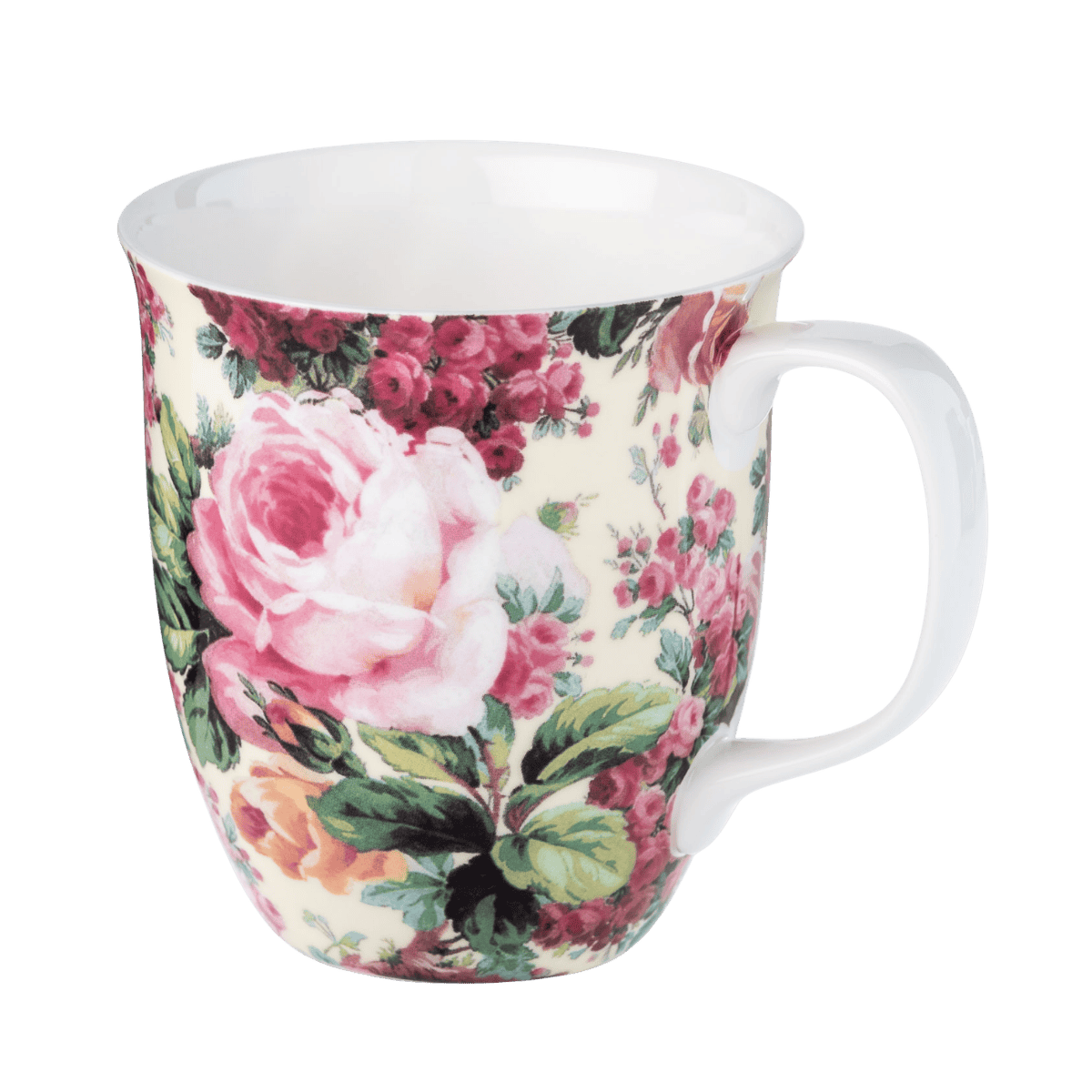 Rose Bouquet Chintz Java mug with floral rose bouquet pattern, fine bone china coffee mug, front view handle right