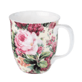 Rose Bouquet Chintz Java mug with floral rose bouquet pattern, fine bone china coffee mug, front view handle right