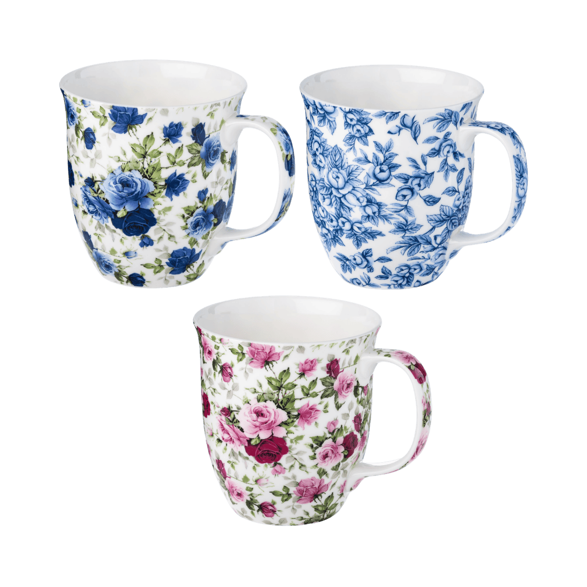 Roses Chintz Java mug set Red and Pink Roses Light Blue Roses Dark Blue Roses fine bone china 12.5 oz (375 ml) McIntosh Mugs front view