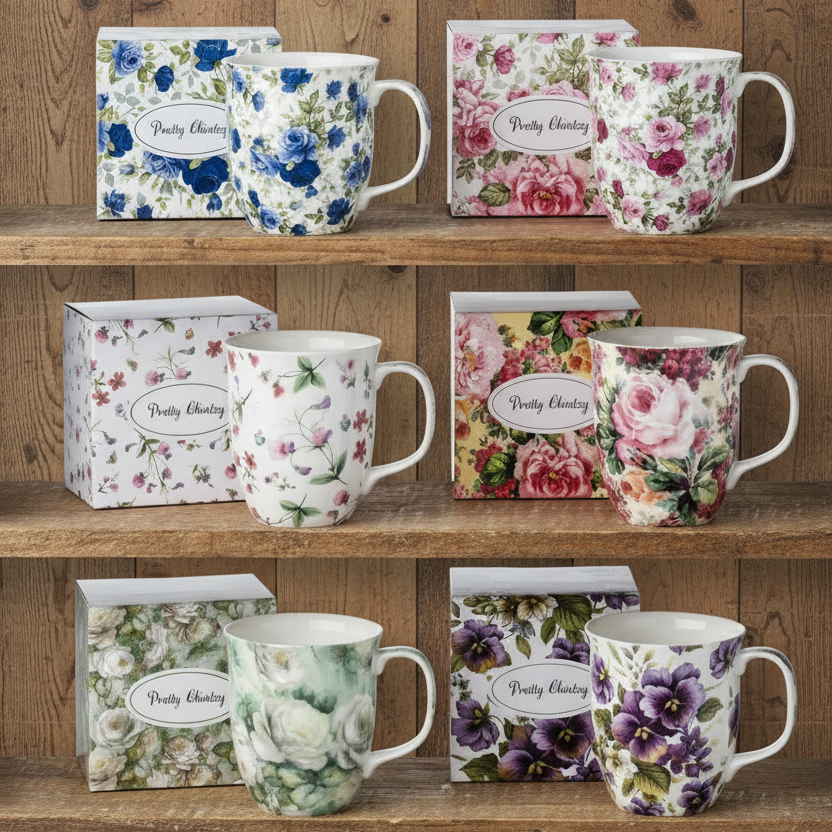 Red and pink roses, Dark blue Roses, White Roses, Sweet Pea, Rose Bouquet and Purple Pansies Java Mugs lifestyle image styled on a wooden shelf with gift boxes