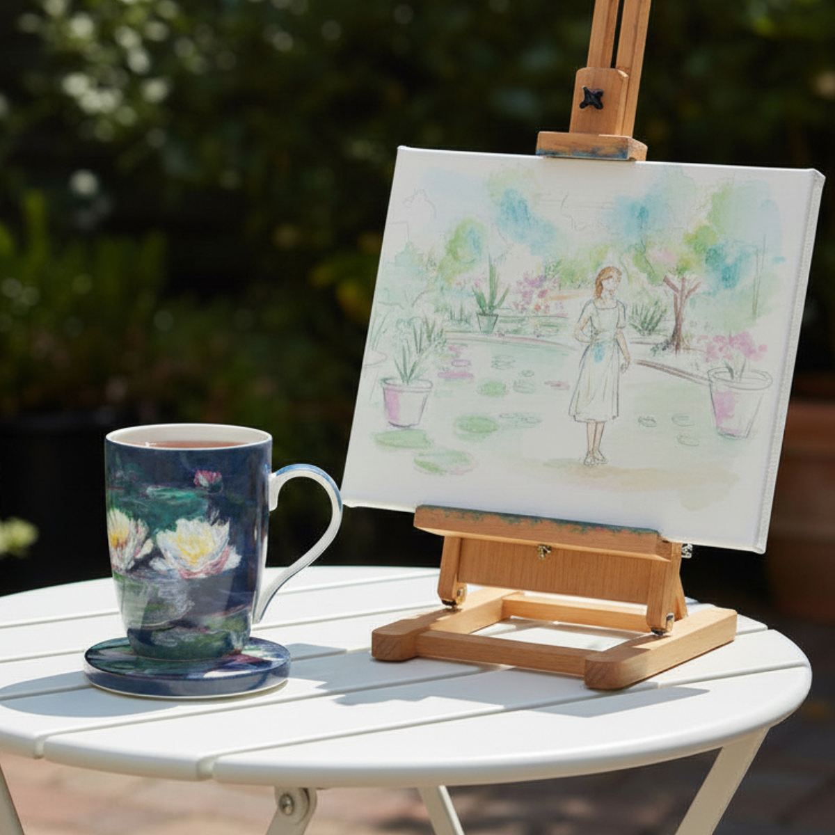 A fine bone china tea mug and infuser wrapped in the painting Water Lilies by Claude Monet against a white background.