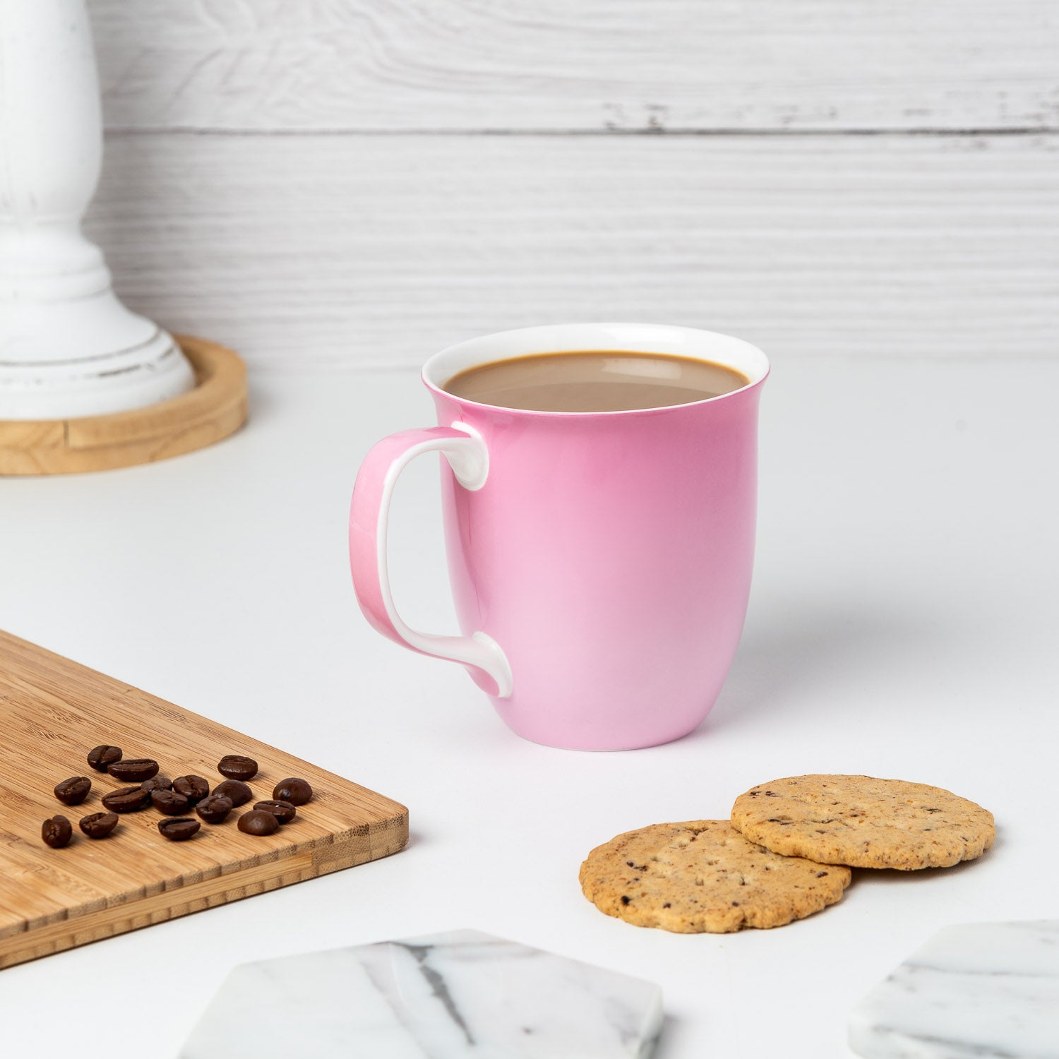 Ballerina Pink Java Mug in fine bone china, lifestyle image styled countertop