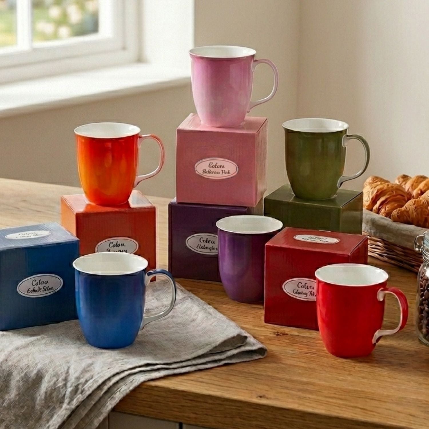 Colorful fine bone china Java mugs on a wooden surface with gift boxes.