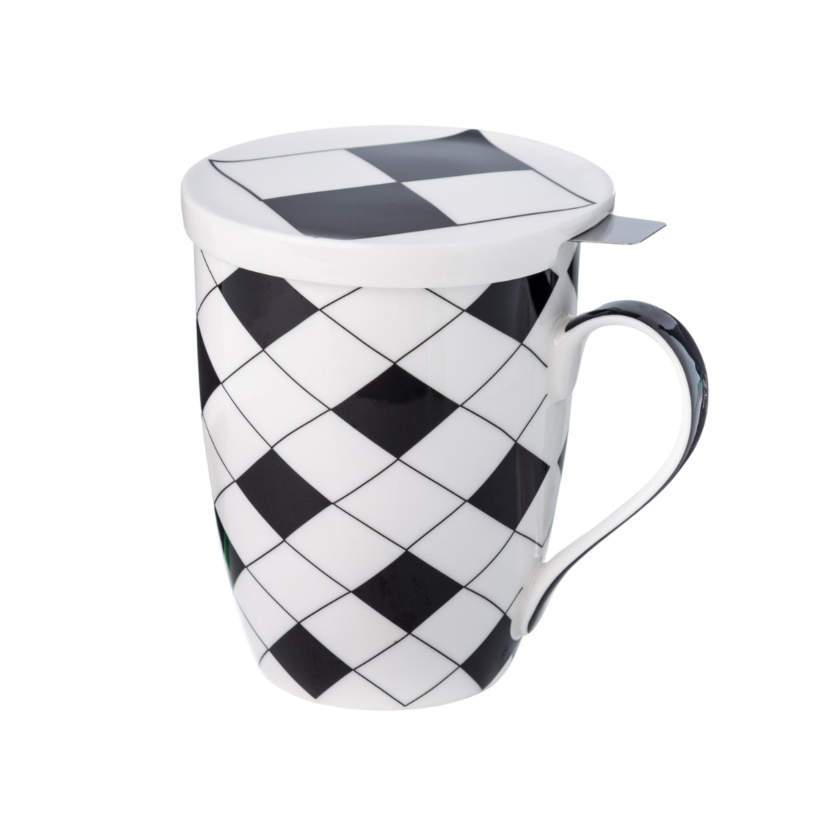 Fine bone china Criss Cross tea mug with stainless steel infuser and lid. Gift-boxed black and white design for stylish everyday tea brewing.