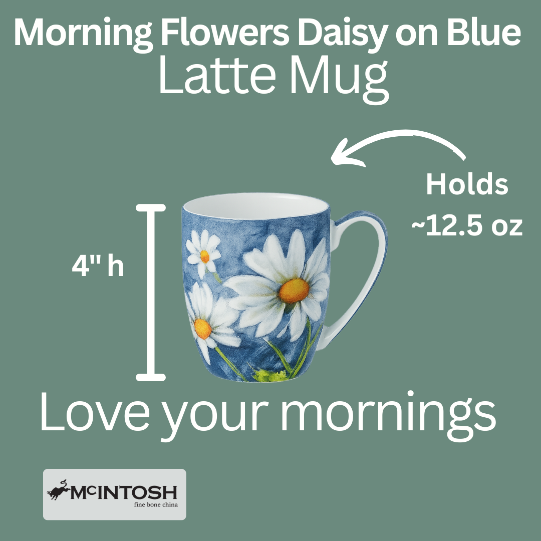 Morning Flowers Daisy on Blue Latte mug size guide showing 12.5 oz (375 ml), 4 in high