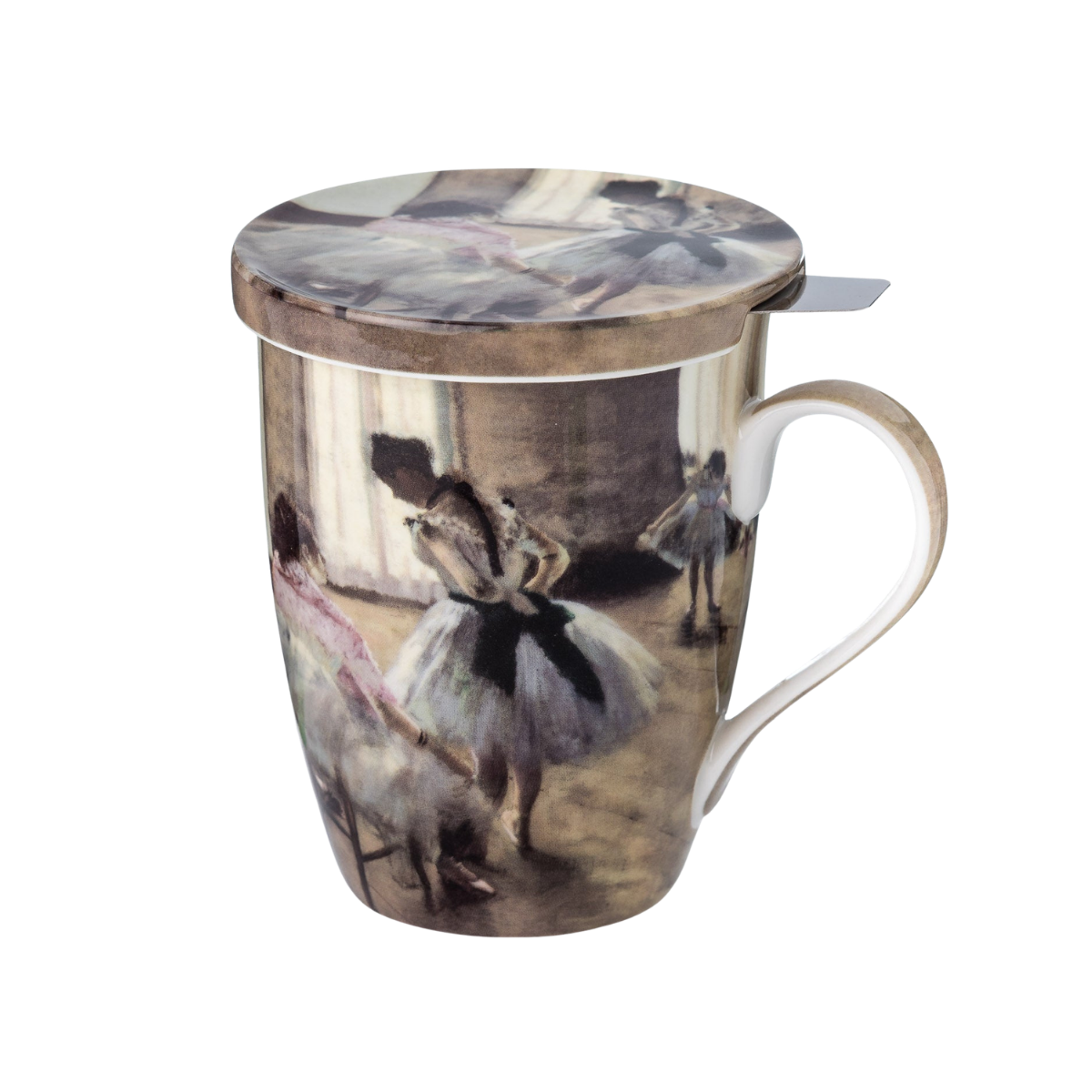 The Dance Lesson Edgar Degas tea mug with stainless steel infuser fine bone china 15.2 oz featuring ballet painting, front view handle right