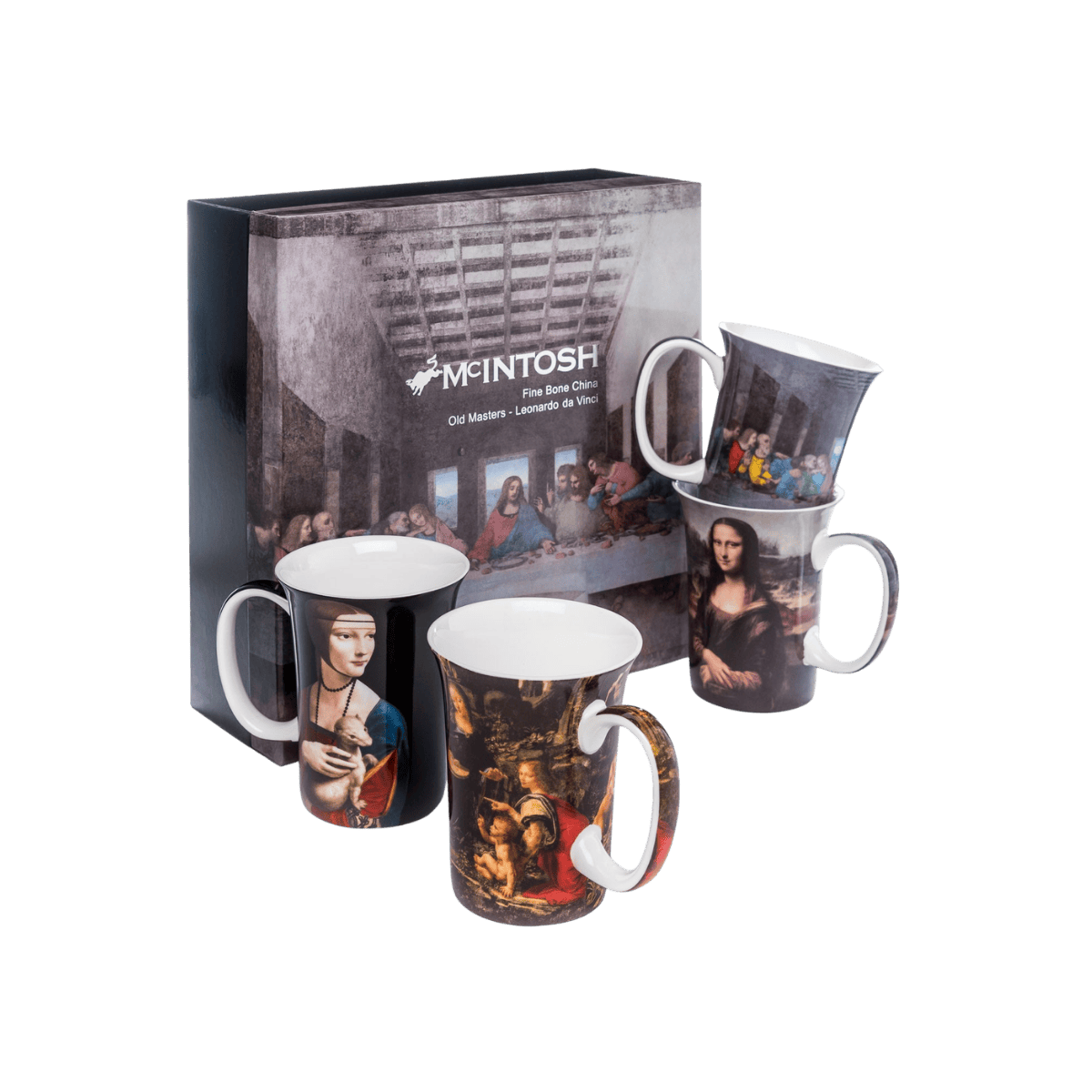 Leonardo da Vinci mug set The Last Supper Mona Lisa Lady with Ermine Madonna with Child fine bone china 11 oz (325 ml) McIntosh Mugs front view