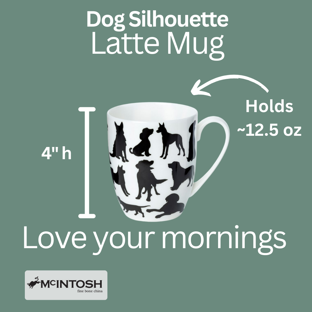 Dog Silhouette Latte mug size guide showing 12.5 oz (375 ml), 4 in high