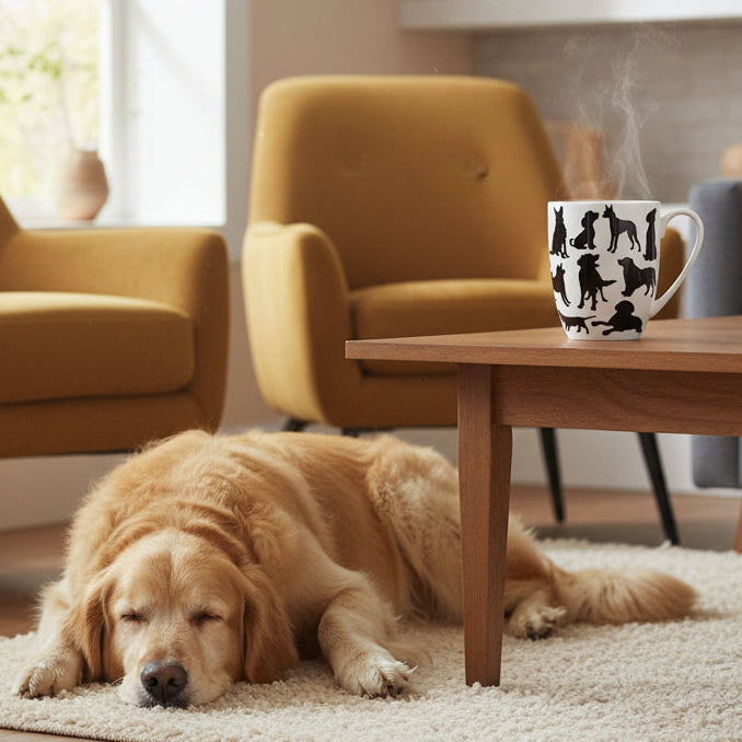 Dog Silhouette Latte mug with coffee and golden retriever on a coffee table