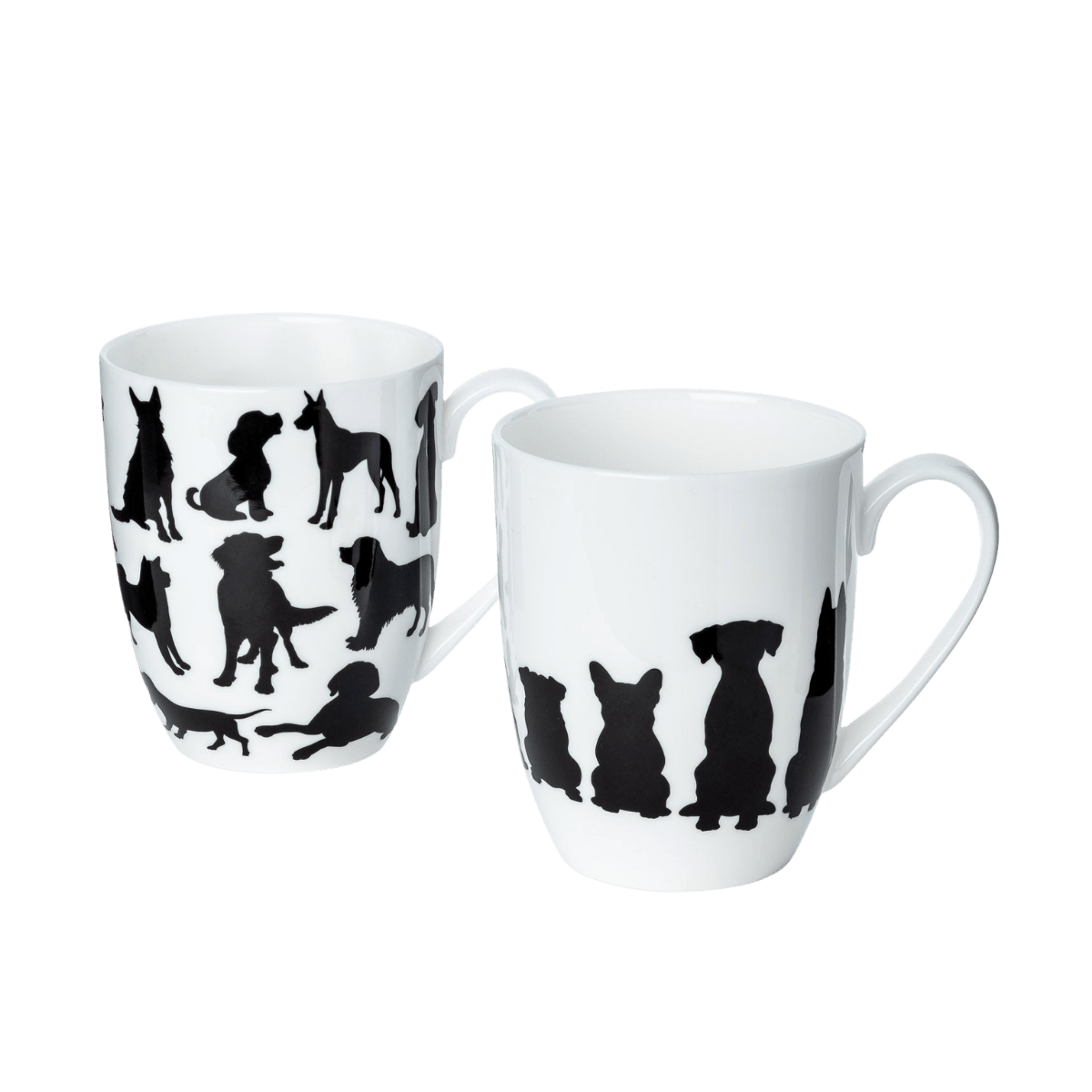Dog Silhouette mug pair with black and white dog breed silhouettes, 12.5 oz (375 ml) fine bone china mugs, front view handle right