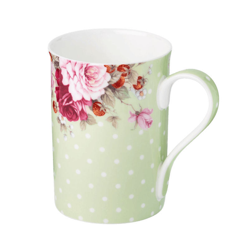 Dots and Roses Green mug fine bone china 12.5 oz with green polka dots and rose floral design, front view handle right