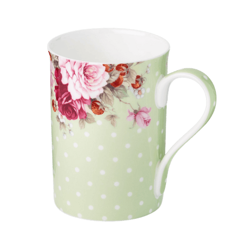 Dots and Roses Green mug fine bone china 12.5 oz with green polka dots and rose floral design, front view handle right